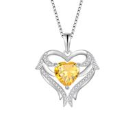 FJ Herz Engelsflügel Halskette Damen 925 Sterling Silber Citrin Kette November Geburtsstein Anhänger Schmuck für Frauen Mutter Freundin Mama