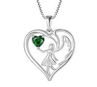 FJ Herz Schutzengel Kette Damen 925 Sterling Silber Engelsflügel Anhänger Halskette mit Mai Geburtsstein Smaragd Schmuck Geschenke für Frauen Mädchen