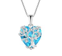 FJ Lebensbaum Kette Damen 925 Sterling Silber Herz Baum des Lebens Halskette Aquamarin Anhänger März Geburtsstein Schmuck Geschenke für Frauen