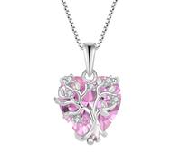 FJ Lebensbaum Kette Damen 925 Sterling Silber Herz Baum des Lebens Halskette Rosa Turmalin Anhänger Oktober Geburtsstein Schmuck Geschenke für Frauen