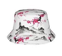 FJAUOQ Aquarell japanische Sumi E Sakura Hills Kirschblüten-Eimerhüte für Damen und Herren, Sonnenkappe, Sommer-Outdoor-Fischerhut, modisch, verstaubar, für Reisen und Strand