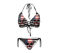 FJAUOQ Bikini-Set für Damen, hoch geschnitten, Triangel-Bikini-Set, Tank-Top, hohe Taille, Badeanzug, Body, Amerika-Flagge mit Totenkopf, XL