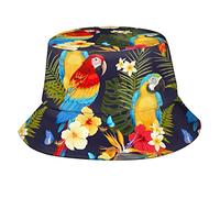 FJAUOQ Fischerhut mit tropischen Blättern und Papageien, Fischerhut, Strand, Reisen, Sonnenhut, Outdoor-Kappe für Erwachsene, Männer, Frauen, Ara und Blumen, One size
