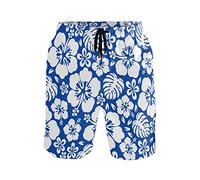 FJAUOQ Herren-Strand-Shorts, Sommer-Badehose, schnelltrocknend, lässig, Polyester, Badeshorts mit Netzfutter, Blauer Hibiskus, L