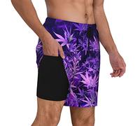 FJAUOQ Purple Weed Marihuana Leaf Herren Doppelschicht Badehose Strandshorts mit Kompressionsfutter Bademode, Schwarz , 56