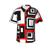 FJAUOQ Rot Schwarz Weiß Geometrisch Herren Kurzarm Hemd Casual Hawaiihemden Button Down Aloha Hemd, Siehe Abbildung, L