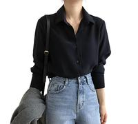 FJIAOXINPONG Damen-Freizeithemden - Damen-Chiffon-Hemd, Schwarzes Langarm-Hemd, Frühlings-Herbst-Mode, Revers, Retro-Einreiher, Strickjacke, Oberteil, Büro, Damen, Elegant, Business, Party, Outdoor