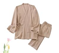 FJZFXKZL Japanisches Pyjama-Set Für Damen, Japanischer Kimono Schlafanzug Herren Baumwolle, Baumwoll-Krepp-Bademantel-Anzug, Kimono-Zweiteiler, Lange Frühlings-Nachtwäsche(Khaki-men,L)