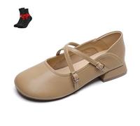 Flache Damenschuhe mit runder Zehenpartie, Ballerinas mit überkreuzten Riemen, Bequeme Pumps mit weichen Sohlen, Elegante Schuhe für die Arbeit(Khaki,40 EU)