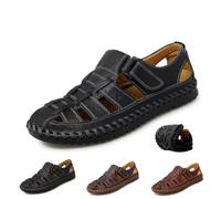 Flache Fischer-Sandalen für Herren, modisch, handgefertigt, Leder, lässig, bequem, atmungsaktiv, rutschfest, verstellbar, geschlossener Zehenbereich, Loafters für Spaziergänge, Fahren, Schwarz , 0 UK