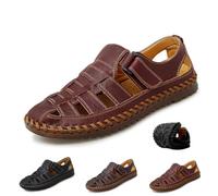 Flache Fischer-Sandalen für Herren, modisch, handgefertigt, Leder, lässig, bequem, atmungsaktiv, rutschfest, verstellbar, geschlossener Zehenbereich, Loafters für Spaziergänge, Fahren, braun, 0 UK