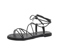 Flache Sandalen Mit SchnüRung Damenschuhe Blockabsatz Leder Dünne Riemen Knöchelriemen Sandalen Damen Sexy Sommerschuhe Open Toe Freizeitschuhe Sandalen