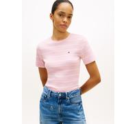 Flag Embroidery Crew Neck Slim T-Shirt Pink S