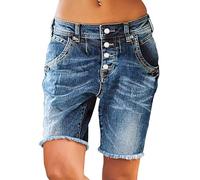 Flamingals Damen-Shorts, hohe Taille, Doppelknöpfe, roher Saum, gerades Bein, Denim, Mitte Oberschenkel, trendige, lässige Jeans-Shorts, Marineblau, X-Groß
