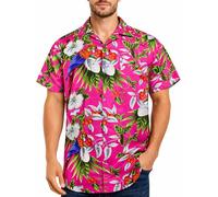 Flamingo-FlowersKing Kameha Hawaii Hemd Männer - Tropisches Hawaiihemd Herren Kurzarm, Cherryparrot, Pink, XS