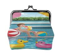 Flamingo und Schwimmbad - Druck Damen Kompakte Münzbörse mit Schloss Wasserdicht für Reisegeschenke, Schwarz , Einheitsgröße, Lässiger Tagesrucksack