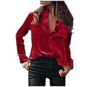 Flanell Bluse Damen Elegant- Langarmshirt Damen Sexy Samt,Oberteile Damen Langarm Hemd Knopfleiste mit Taschen Locker Lässig Arbeite Hemdbluse Blusenshirt Blusen & Tuniken für Frauen Herbst Winter