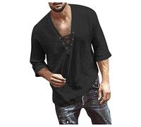 Flanellhemd Herren Bauchweg Herren Hawaii Hemd MäNner Baumwolle Mittelalter Retro Leinen SchnüRhemd 3/4 ÄRmel V Ausschnitt T Shirts MäNner Vintage Einfarbig LäSsig Hemd Herren Schwarz Langarm