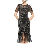 Flapper-Kleider, 1920er-Jahre-Kleider für Damen, Spitzenhals, tolle Kleider für Damen, Kostüme der Goldenen 20er mit Ärmeln für Harlem-Nächte/Cocktails/Partys Kleide Große Damen (Rose Gold, L)