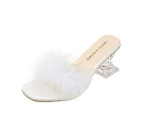 Flauschige Hausschuhe mit Kätzchen-Absatz, für Damen, Schlupfschuhe, offene Zehen, Pantoletten, Sandalen, transparent, Blockabsatz, Hochzeit, Brautschuhe, Party, elegante Hausschuhe, sexy, rückenfrei