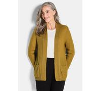 Strickjacke GOLDNER "Kurzgröße Offener Cardigan mit Taschen, Glanz", Damen, Gr. 21, gelb (honig), Obermaterial: 90% Polyacryl PAN. 10% metallisierte Fasern MTF., Modisch, figurumspielend, Strickjacken
