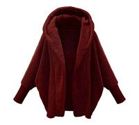 Flauschiger Fleece-Mantel für Damen, gemütlicher Mantel für Damen, Winter, langärmelig, einfarbig, flauschige Vorderseite, mit Kapuze, für Outdoor-Workout, Wandern, Weihnachtsgeschenke, rot, XXL