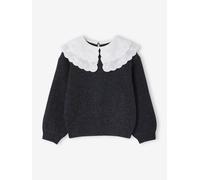 Flauschiger Mädchen Pullover mit besticktem Kragen grau Gr. 140 von vertbaudet