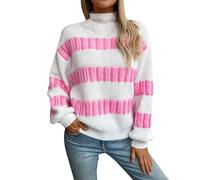 Flauschiger Pullover Damen Striped Sweater for Women Long Puff Sleeve Color Block Turtleneck Knit Pullover Sweater Sweatshirt Weiß (White, L)