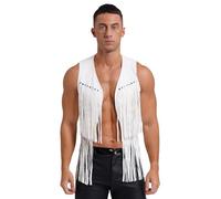 Fldy Herren Cowboy Weste Ärmellos Wildleder Weste Fransen Indianer Weste Retro Boho Hippie Outfit Festival Karneval Kostüm Weiß XL