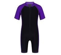 Fldy Kinder Jungen Mädchen Badeanzug Einteiliger Mit Bein Surfen Tauchen Bademode Kurzarm Schwimmoverall UV-Schutz Wassersport Outfit Lila&Schwarz 146-152