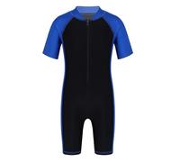 Fldy Kinder Jungen Mädchen Badeanzug Einteiliger Mit Bein Surfen Tauchen Bademode Kurzarm Schwimmoverall UV-Schutz Wassersport Outfit Blau&Schwarz 170-176