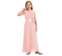 Fldy Mädchen Jumpsuit Festlich ärmellos Overall Lang Weites Bein Hose Mit Taillengürtel Für Party Hochzeit Kommunion Rosa 122-128