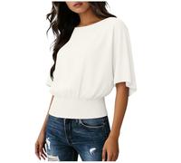 Fledermaus-Tops für Damen, Sommerblusen, halbe Ärmel, elegant, lässig, Rundhalsausschnitt, fließendes Top, übergroße T-Shirts, gesmokte Taille, lockere Blusen für Urlaub, Arbeit, A White, XXL