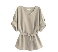 Fledermausärmel Damen Oberteil - Longbluse Damen Elegant Festlich Mit Gürtel Muselinbluse Lässig Kurzarm Oberteile Einfarbig Tunika Große Größen T-Shirts Leicht Musselin Bluse Sommershirts Leinenhemd