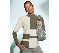 Fledermauspullover CREATION L "Jacquard-Pullover", Damen, Gr. 48, grün (khaki, ecru, gemustert), 50% Viskose, 28% Polyester, 22% Polyamid, gemustert, unifarben, Pullover (94659465-48) khaki, ecru, gem