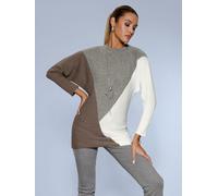 Fledermauspullover CREATION L "Stehkragen-Pullover", Damen, Gr. 52, steingrau, ecru, gemustert, 41% Polyamid, 21% Modal, 21% Viskose, 17% metallisierte Fasern, gemustert, Pullover (98442001-52) steing