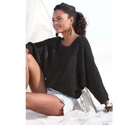 Fledermauspullover LASCANA, Damen, Gr. 44/46, schwarz, Strick, Obermaterial: 60% Baumwolle, 40% Polyacryl, unifarben, figurumspielend hüftlang, U-Boot-Ausschnitt, Fledermausärmel, Pullover, mit aufwen