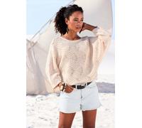 Fledermauspullover LASCANA "mit aufwendigem Strickmuster, Lochstrickmuster", Damen, Gr. 44/46, beige, Strick, Obermaterial: 60% Baumwolle, 40% Polyacryl, unifarben, figurumspielend hüftlang, U-Boot-Au