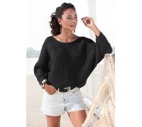 Fledermauspullover LASCANA "mit aufwendigem Strickmuster, Lochstrickmuster", Damen, Gr. 44/46, schwarz, Strick, Obermaterial: 60% Baumwolle, 40% Polyacryl, unifarben, figurumspielend hüftlang, U-Boot-