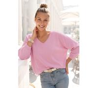 Fledermauspullover VIVANCE "aus weicher Feinstrickqualität, lässiger V-Pullover", Damen, Gr. 32/34, rosa (rosé), Strick, Obermaterial: 60% Baumwolle, 40% Polyamid, unifarben, figurumspielend hüftlang,