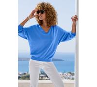 Fledermauspullover VIVANCE, Damen, Gr. 44/46, blau, Strick, Obermaterial: 60% Baumwolle, 40% Polyamid, unifarben, figurumspielend hüftlang, V-Ausschnitt, Pullover, aus weicher Feinstrickqualität, mit 
