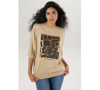 Fledermausshirt ANISTON SELECTED, Damen, Gr. 42, braun (taupe, dunkelbraun, goldfarben), Single Jersey, Obermaterial: 95% Viskose, 5% Elasthan, bedruckt, leicht glänzend, oversize hüftbedeckend, Rundh