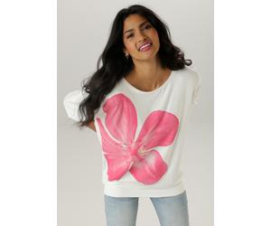 Fledermausshirt ANISTON SELECTED, Damen, Gr. 44, bunt (weiß, pink, rosa, gelb), Single Jersey, Obermaterial: 95% Viskose, 5% Elasthan, bedruckt, geblümt, lässig geschnitten hüftbedeckend, Rundhals, Fl