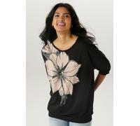 Fledermausshirt ANISTON SELECTED, Damen, Gr. 44, schwarz (schwarz, camel, grau), Single Jersey, Obermaterial: 95% Viskose, 5% Elasthan, bedruckt, geblümt, lässig geschnitten hüftbedeckend, Rundhals, F