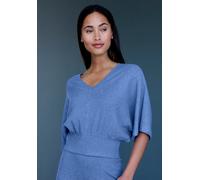 Fledermausshirt COPENHAGEN STUDIOS, Damen, Gr. 32/34, blau, Rippstrick, Obermaterial: 50% Viskose, 28% Polyester, 22% Nylon, unifarben, figurumspielend hüftlang, V-Ausschnitt, Fledermausärmel normaler