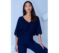 Fledermausshirt COPENHAGEN STUDIOS, Damen, Gr. 32/34, marine, Rippstrick, Obermaterial: 50% Viskose, 28% Polyester, 22% Nylon, unifarben, figurumspielend hüftlang, V-Ausschnitt, Fledermausärmel normal