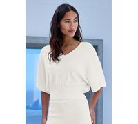 Fledermausshirt COPENHAGEN STUDIOS, Damen, Gr. 44/46, creme, Rippstrick, Obermaterial: 50% Viskose, 28% Polyester, 22% Nylon, unifarben, figurumspielend hüftlang, V-Ausschnitt, Fledermausärmel normale