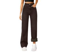 Fleece-gefütterte Jeans für Damen, Winter, Thermo-Baumwollhose für Damen, entspannte Passform, gerades Bein, Jeansknopf mit Reißverschluss, einfarbig, Freizeithose, coffee, S