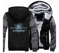 Fleece-Kapuzenjacken Für Herren Durchgehender Reißverschluss Warme Mäntel Für Monster Hunter Winterhoodies Langärmelige Dicke Thermo-Outdoorjacke Mit Tasche,Black Grey-XL