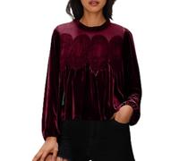 Fleece Pullover Damen Übergroßer Pullover Samt Langarm Top Spitze Patchwork Top Plissee Bluse Vintage Rüschenshirt Rundhals T-Shirts Elegante Bluse Tunika Thermohemd Dressy Tops, Ein Wein, 36